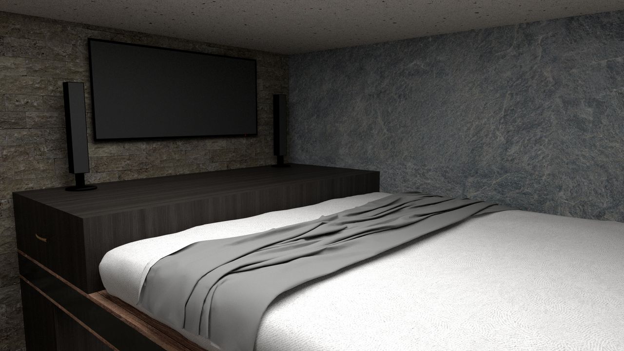 Contemporary bedroom featuring a sleek TV setup, elegant speakers, and minimalist design elements.